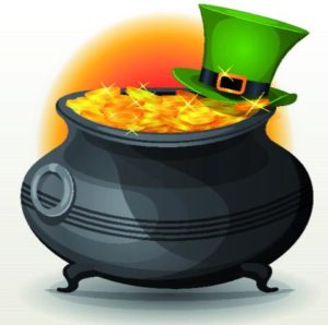 An illustration of a bot of gold with a leprechaun hat sitting on top of it.